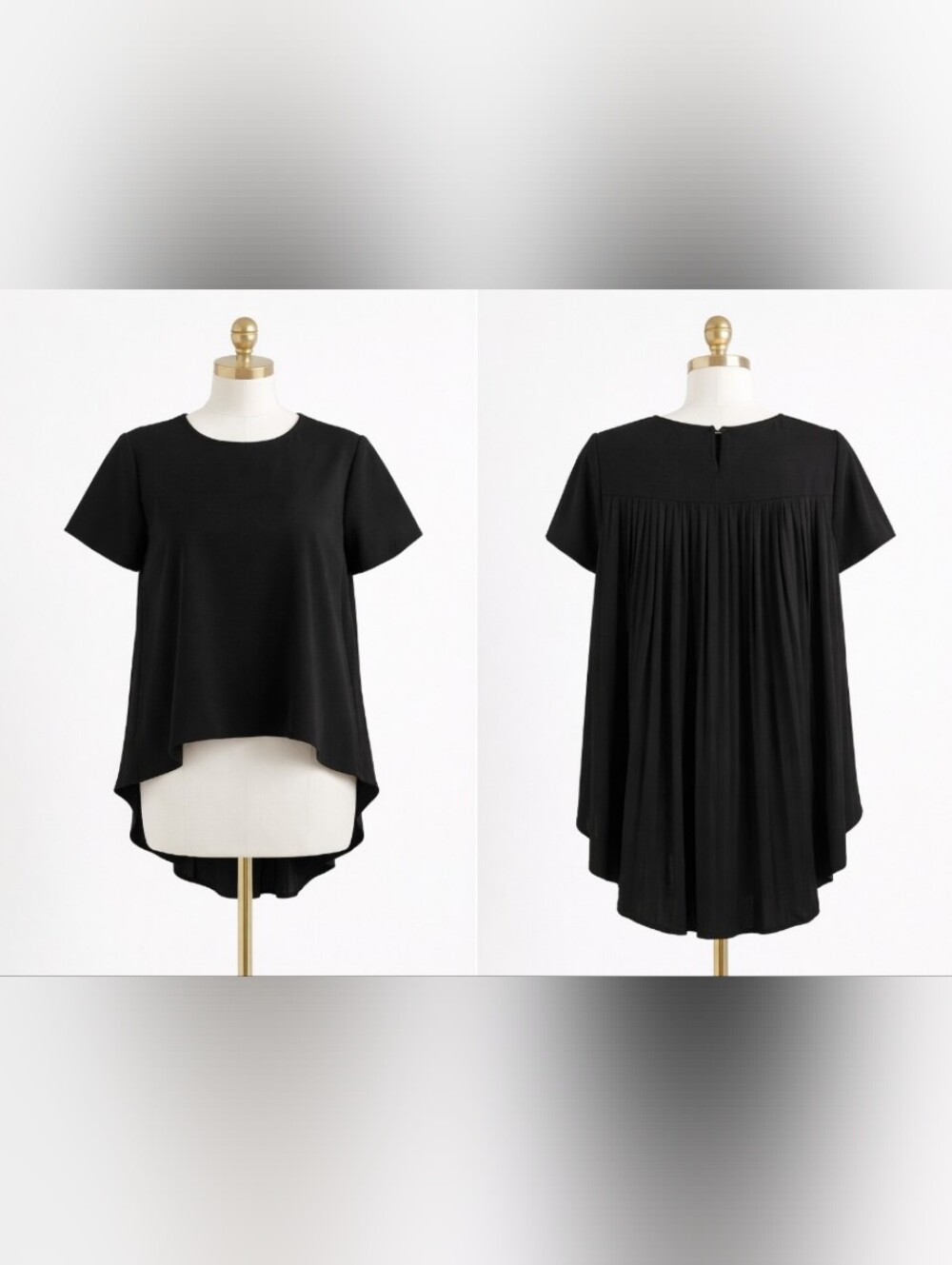 Women's Curve XL Asymmetrical High Low Pleated Back Top Black Short Sleeve